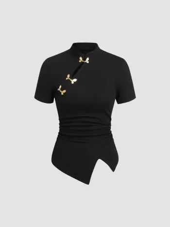 Mandarin Collar Ruched Split Top